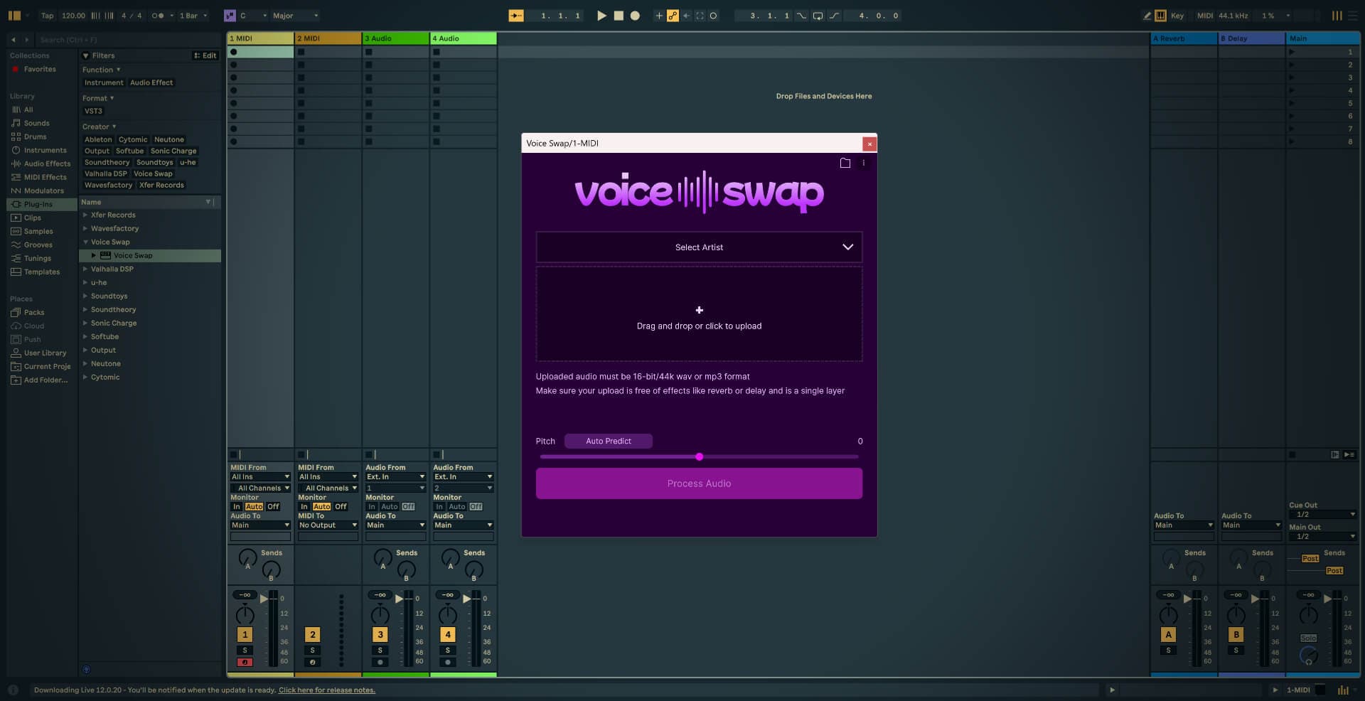 Voice-Swap VST plugin interface in DAW for AI voice transformation